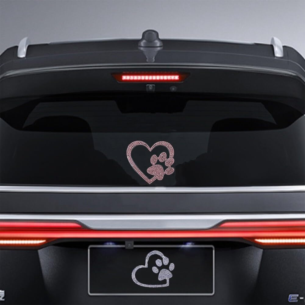 Rhinestone Dog Paw Stickers Self-Adhesive Glitter Paw Print Car Sticker Vinyl Waterproof Bling Car Decals Exterior Accessories Sparkle Love-Heart Decals for Laptops Bags Luggage Window Decoration